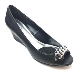 Chaps Pamona Black Peep Open Toe Low Wedge Chain